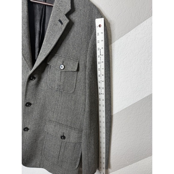 Tasso Elba Men's Gray Herringbone Wool Blend Blazer Coat Elbow Patches L 42-44 - Picture 15 of 16